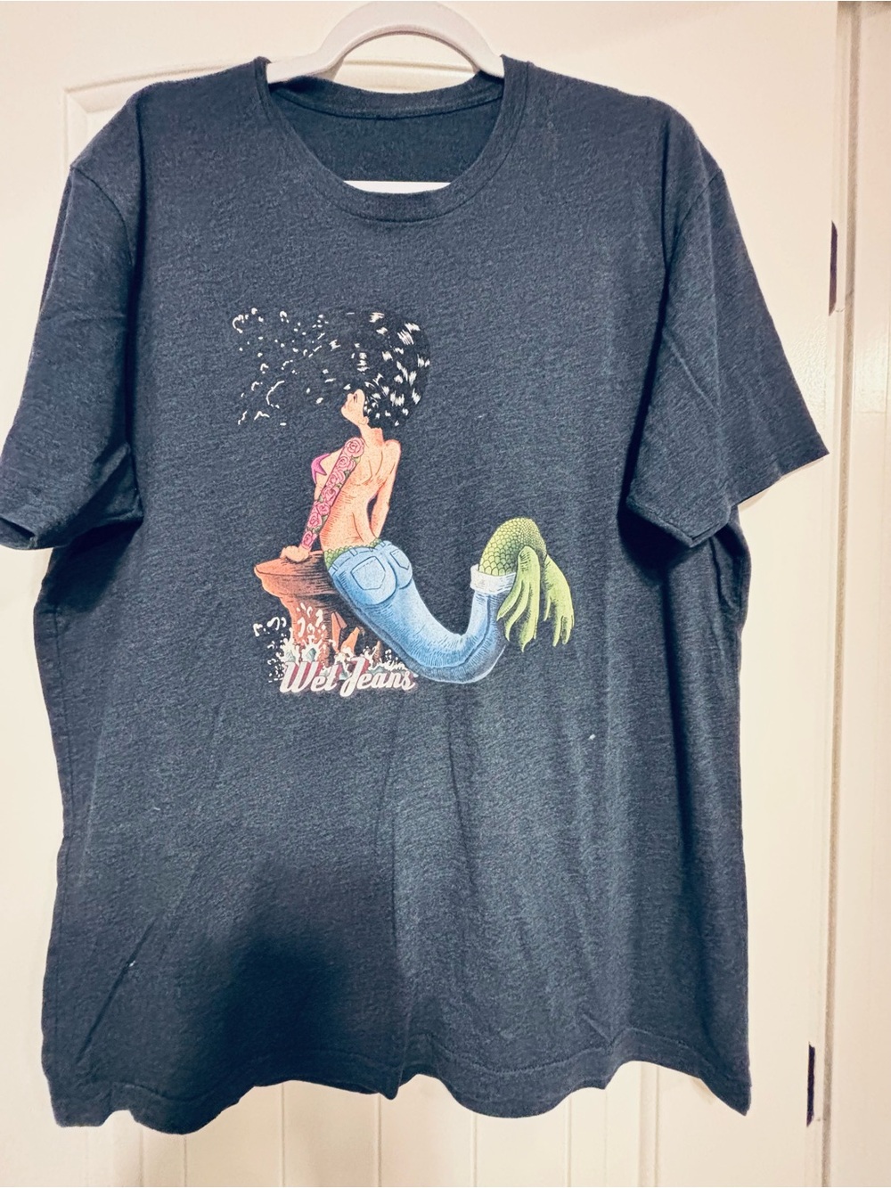 Graphic Mermaid Tee with 'Wet Jeans' Logo - Navy Blue, XL